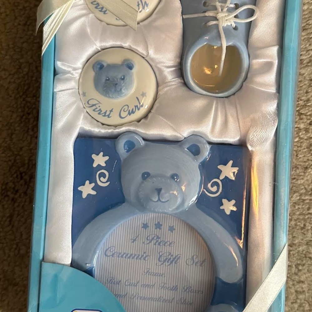 Baby Connection Ceramic 4 PC Baby Boy Tooth, Curl,  Frame and Shoe New Set - Picture 2 of 7